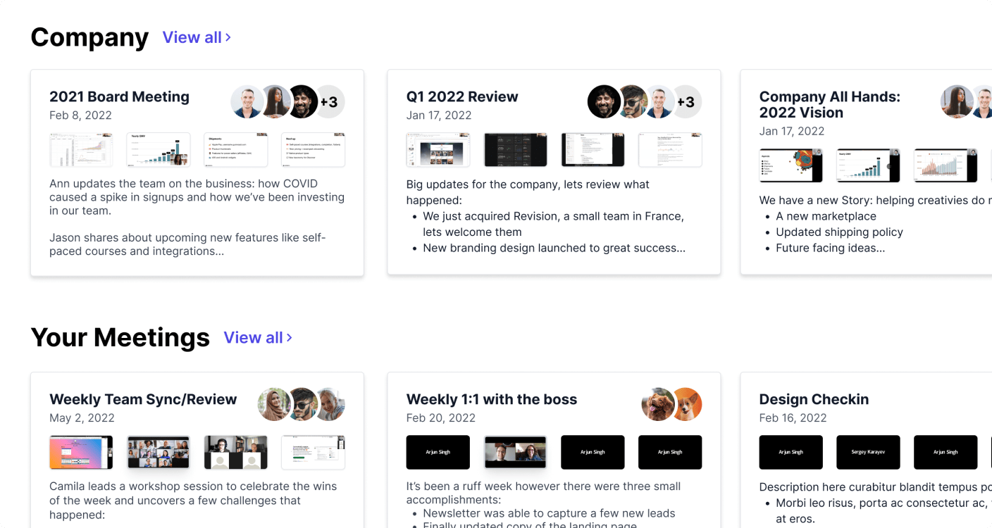 See videos across your organization with helpful descriptions and thumbnails. Or just see the ones that you have participated in.