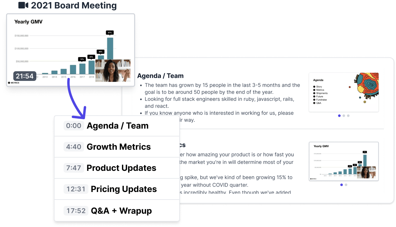 Image of a video being transformed into a chapterized, automatically summarized document.