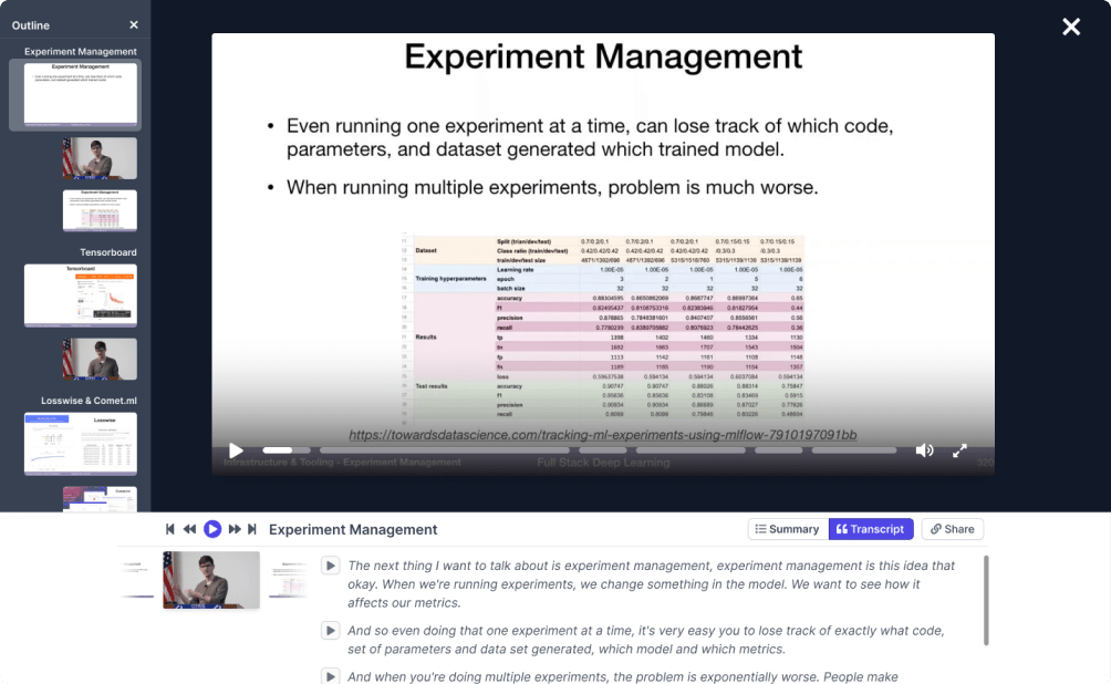 A custom video player with a presentation-like interface that makes it easy to flip through a video.