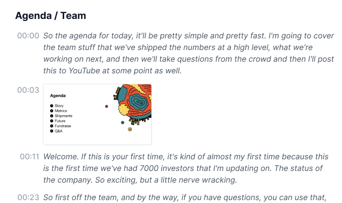 Videos submitted to Recap get automatically transcribed and include screenshots within the transcript.